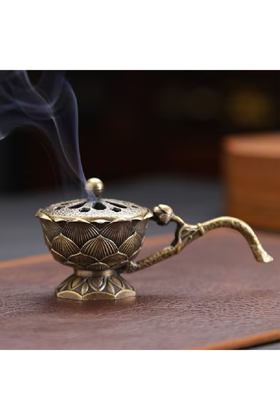 Choice حامل بخور يدوي على شكل لوتس باللون البرونزي، حامل بخور مجوف من سبائك عتيق مع عصا بخور