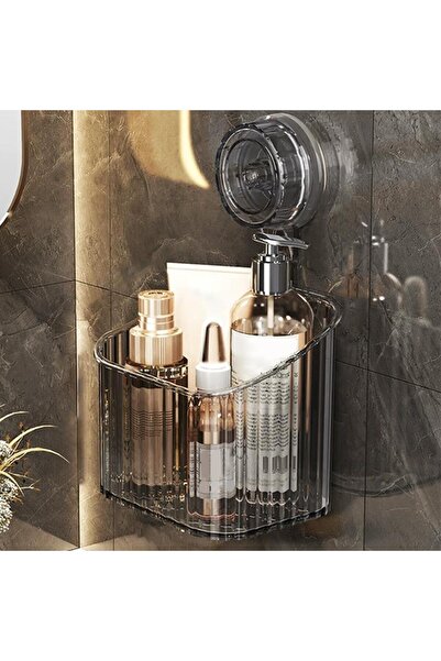 Choice رف دش رمادي شفاف S مع كوب شفط وسلة تخزين بدون ثقب وحامل تركيب حمام O