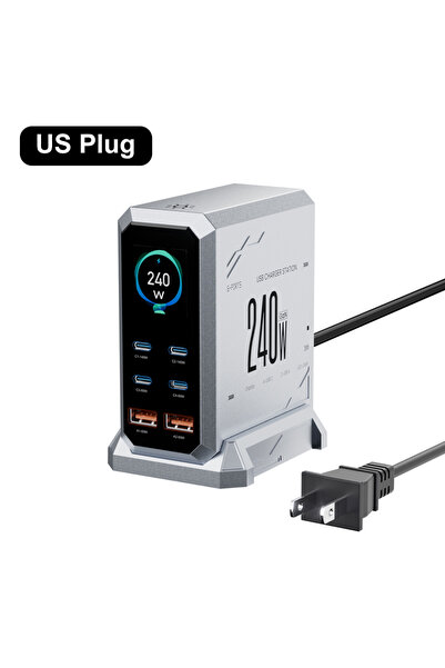 Choice US Plug 240W GaN Charger 6-IN-1 140W PD3.1 PPS USB Type C Digital Disp...