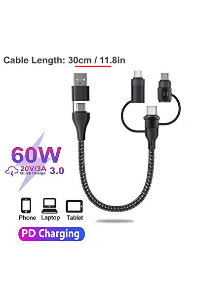 Choice 5 in 1 30cm - Black 4 5 in1 Multi Charging Cable PD 60W Fast Charging Portable USB C Charging Cord &