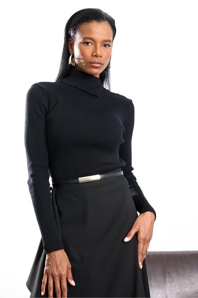 5in1Canpolat Black Omzu Button Detailed Fisherman Knitwear 4110