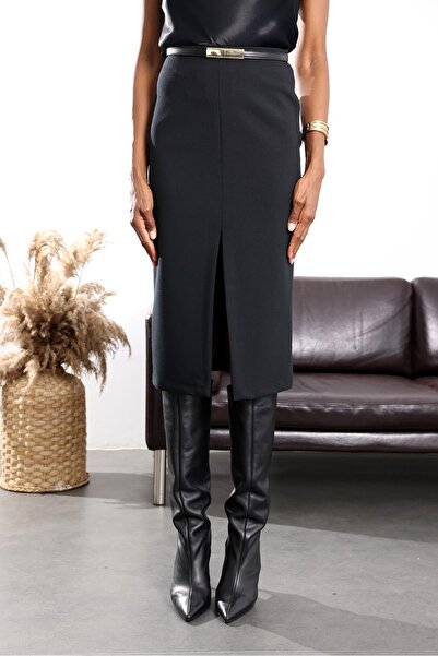 5in1Canpolat Black Front Slit Pencil Skirt 4866