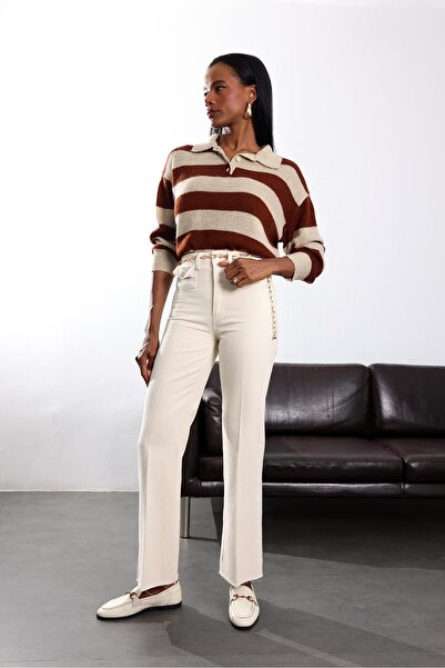 5in1Canpolat Bone High Waist Belted Flare Jean