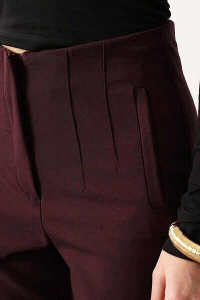 VAGGON Women's Burgundy High Waist Stitching Detailed Skinny Leg Trousers Vs01707