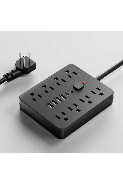 Choice مخرج طاقة أمريكي أسود 14 في 1 بطول 5 أقدام، سلك تمديد، مخرج طاقة سلكي بطول 5 أقدام، واقي من التيار الزائد، 8 منافذ تيار متردد