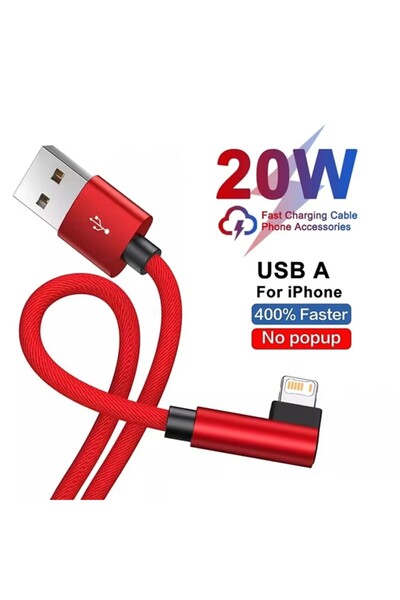 Choice كابل شحن سريع أحمر بزاوية 90 درجة بطول 0.25 متر لهاتف iPhone 11 12 min...