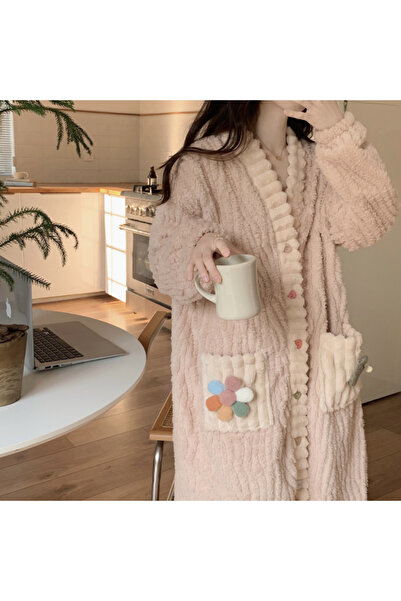 Choice رداء حمام وردي من قطعة واحدة من المخمل المرجاني وزهرة قوس قزح 2025 جديد شتاء فضفاض دافئ لطيف طويل حلو كارديجان H