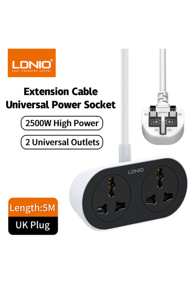 Choice شريط طاقة UK-5M Surge Protector مع 2 منافذ تيار متردد 5 متر/10 متر كابل تمديد محول مقبس المملكة المتحدة والاتحاد الأوروبي والولايات المتحدة الأمريكية