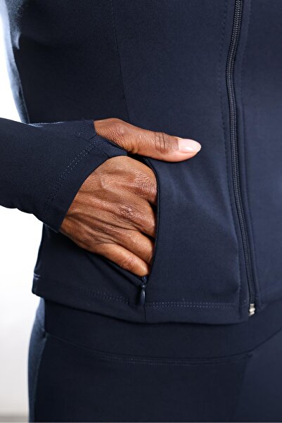 5in1Canpolat Navy Blue Zippered Slim Cardigan 251070