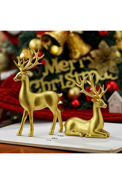 Choice قطعتان ذهبيتان من ديكورات رنة عيد الميلاد المصنوعة من الراتنج، تمثال غزال واقف جالس، رنة عيد الميلاد المزخرفة