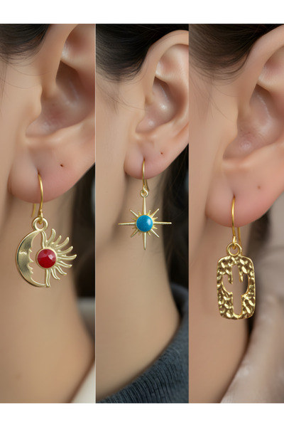 TURBİJ Kaktüs Mavi Kutup Yıldızı Ay Güneş Sembol Figürlü 3’lü Kadın Küpe Set