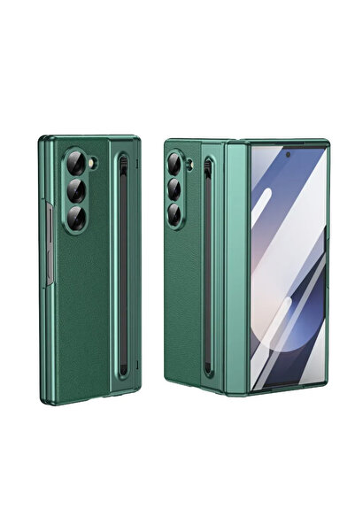 Choice جراب هاتف فاخر من الجلد باللون الأخضر مع قلم فيلم فولاذي لهاتف Galaxy Z Fold 7 6 5 4 3 Fold7 Scree