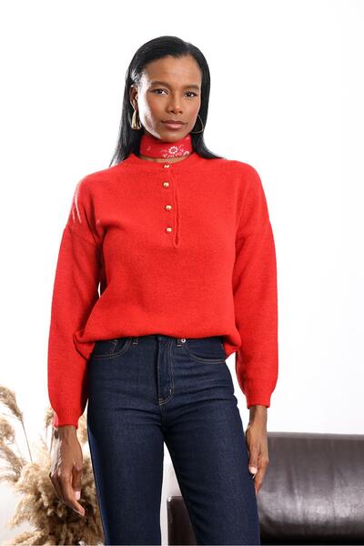 5in1Canpolat Red Four Button Knit Sweater 251128