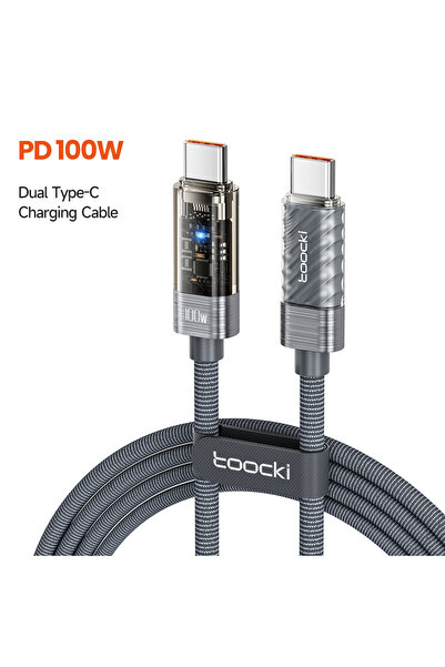 Toocki كابل USB شفاف بطول 2 متر، رمادي اللون، يدعم الشحن السريع بقوة 100 واط،...