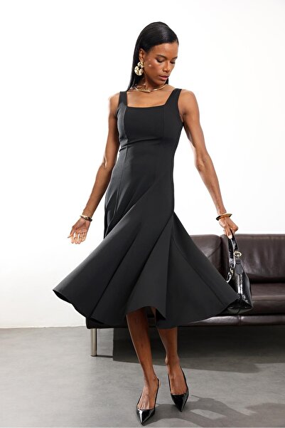5in1Canpolat Black Strap Flounce Midi Dress 1148