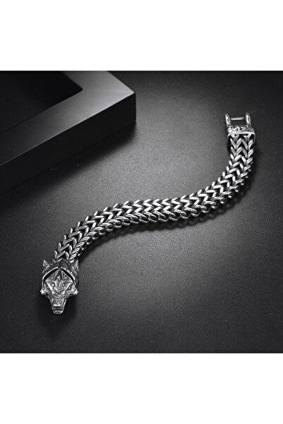 Viking Nordic Fenrir Wolf Clip-On Nordic Back & Fenrir Design 316L Stainless Steel Non-Tarnish Bracelet
