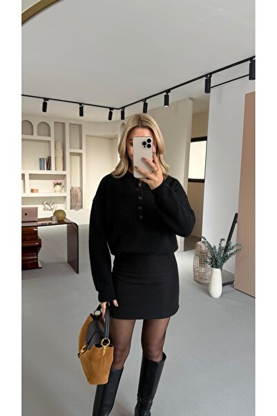 Sezgi Tekin Button Detail Soft Textured Black Sweater