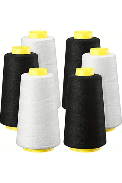 Choice 6 قطع، 3 مخاريط خيط أوفرلوك سوداء + 3 مخاريط خيط أوفرلوك بيضاء - خيط س...