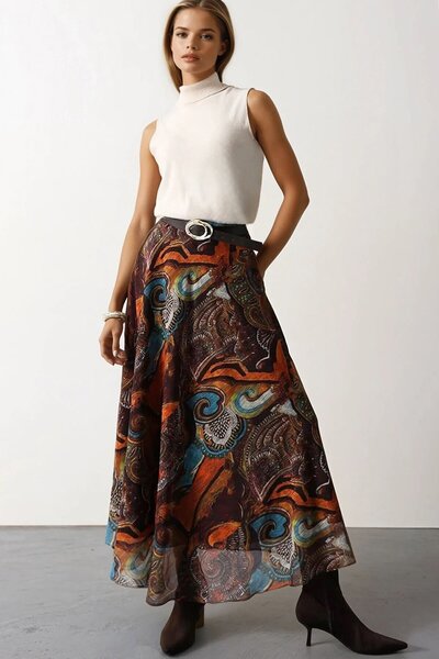 VAGGON Women's Multi Ethnic Patterned Zipper Closure Belted Skirt Vs01697