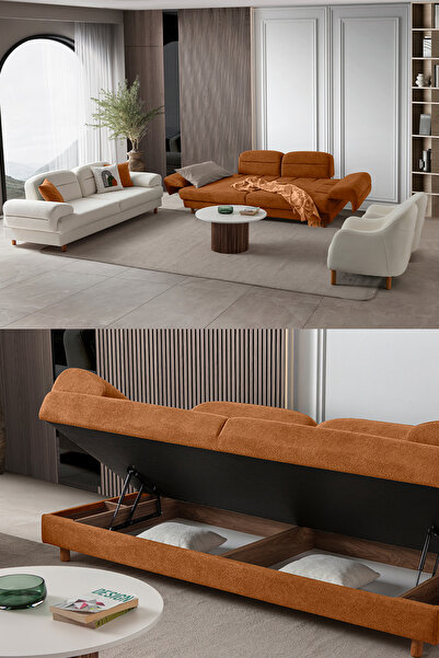 Eymense Lizbon Yataklı Sandıklı Koltuk Takımı 3+3+1+1 Turuncu