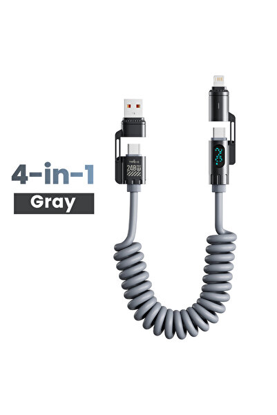 Choice كابل بيانات زنبركي 4 في 1 رمادي 2 متر 240 واط شحن فائق السرعة من USB إلى Type-C USB C إلى L مع ضوء LED Fo