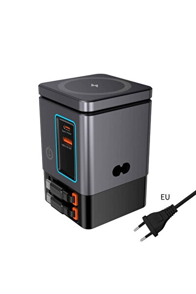 Choice محطة شحن 6 في 1 بمقبس الاتحاد الأوروبي مع كابل USB-C قابل للسحب، برج ط...