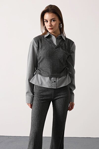 VAGGON Women's Anthracite Shirt Detailed Gathered Blouse and Elastic Waist Trousers Knitwear Set Vs01701