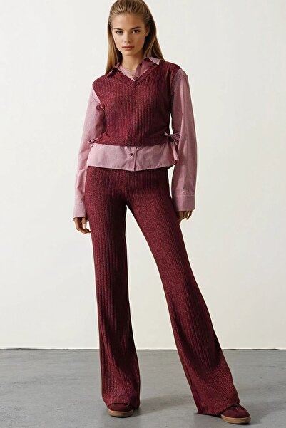 VAGGON Women's Plum Shirt Detailed Gathered Blouse and Elastic Waist Trousers Knitwear Set Vs01701