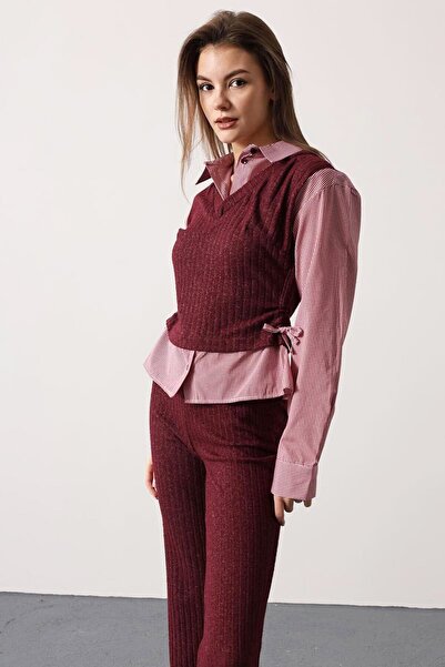 VAGGON Women's Plum Shirt Detailed Gathered Blouse and Elastic Waist Trousers Knitwear Set Vs01701