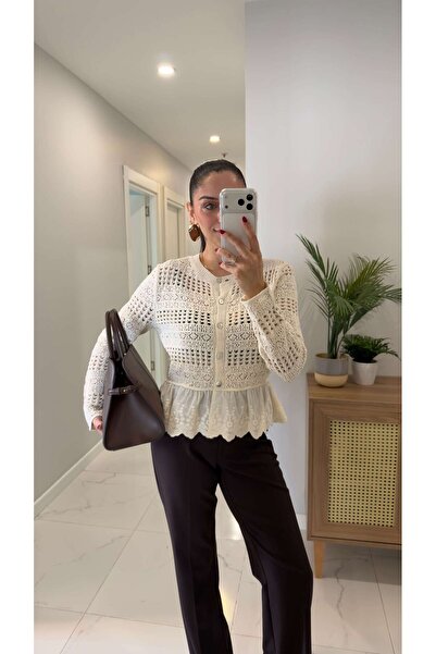 BİRCANÇİL Kehta Ecru Buttoned Lace-Like Knit Knitwear