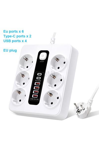 Choice EU Plug WHITE EU Plug 6AC Outlet 2M Cable Overload Protection USB Type C Ports Extension Socket With