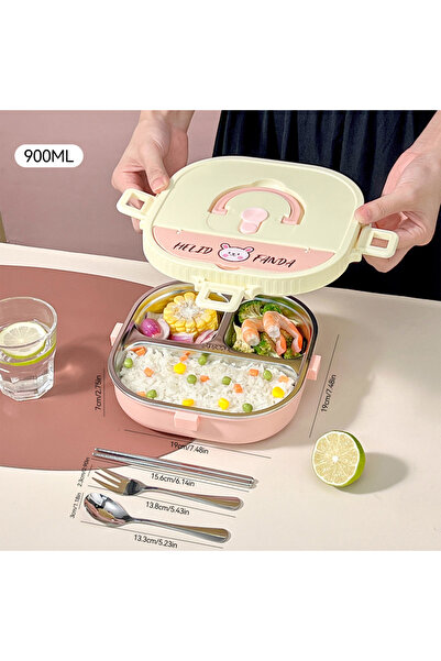 WORTHBUY 3 Grids Pink 3/4 Compartment Portable Bento Lunch Box for Kids And Students Sealed Microwav