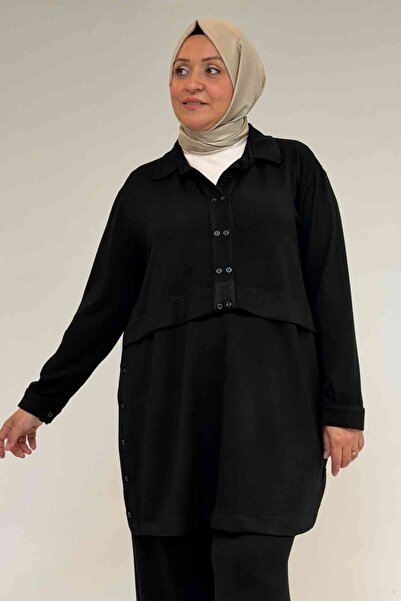 Eslina 57038 Plus Size Men's Collar Button Detailed Modal Pants Suit - Black