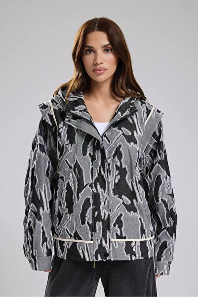 tw3 Women's Patterned Denim Fabric Hooded Design Oversized Jacket
