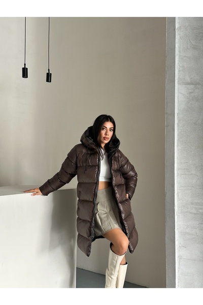 Fashionbox Women's Gel Padding Hooded Zipper Long Puffer Coat 25333