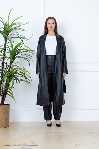 NILO DESGIN Kadın Kuşaklı Astarlı Cepli Uzun Deri Trençkot