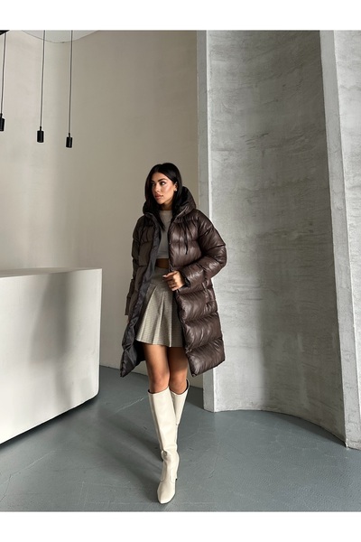 Fashionbox Women's Gel Padding Hooded Zipper Long Puffer Coat 25333