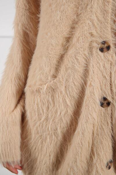 Ferraro Camel Buttoned Cashmere and Wool Blend Oversized Women's Knitwear Cardigan