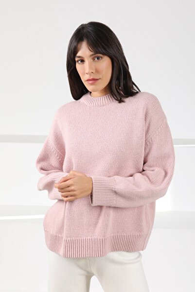 Ferraro Pink Long Sleeve Crew Neck Cashmere Oversized Women's Knitwear Sweater