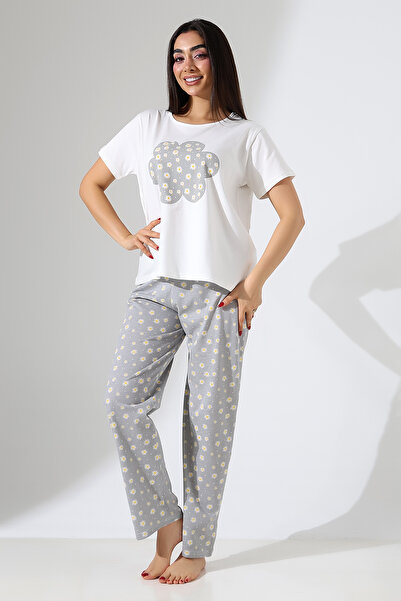 DİVİSTA Women's Printed Pajamas Set – Top and Bottom Set – Comfortable Home Wear – Soft Cotton Fabric
