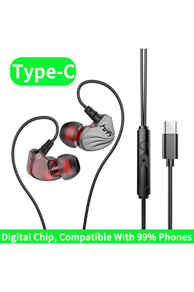 Choice1 T2000 Type-C Gray 3.5MM AUX/Type-C Digital Chip 6D HIFI Heavy Bass Headset With Mic Music Sports Gam