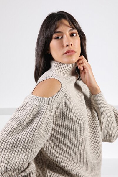 Ferraro A.Beige Long Sleeve Off-Shoulder Cashmere Women's Knitwear Sweater