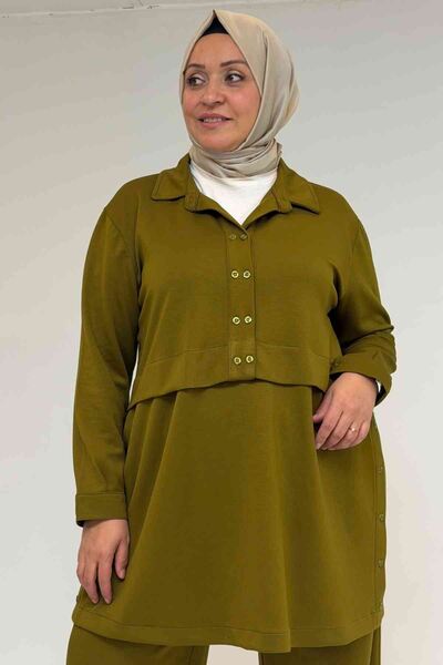 Eslina 57038 Plus Size Men's Collar Button Detailed Modal Pants Suit - Oil Green