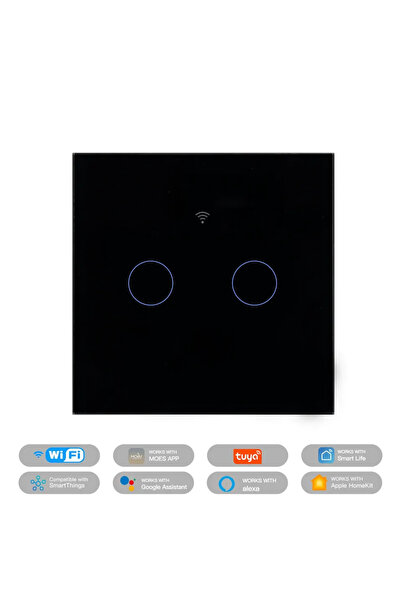 MOES مفتاح إضاءة ذكي Tuya Matter يعمل بالواي فاي ثنائي العصابة باللون الأسود، مزود بتحكم باللمس من الزجاج، مقاوم للحريق، سلك محايد، مطلوب