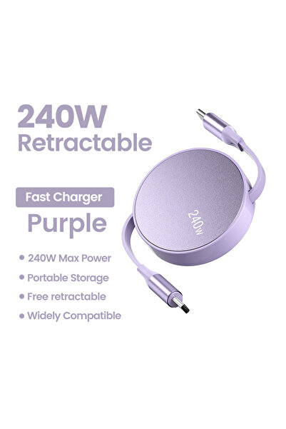 Choice كابل شحن سريع 240 واط PD بنفسجي من النوع C قابل للسحب من USB C إلى USB...