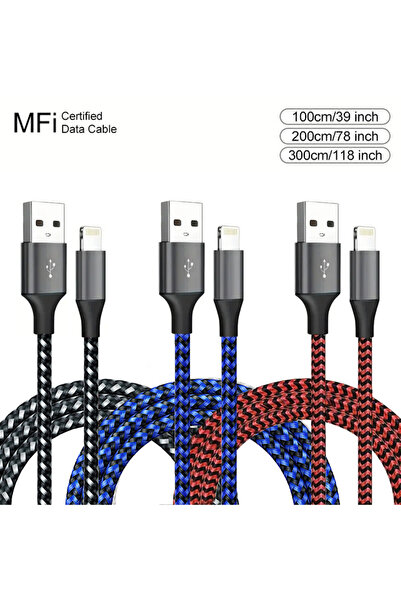 Choice كابل USB إلى Lightning معتمد من MFi بطول 2 متر، 3 قطع باللون الأسود وا...