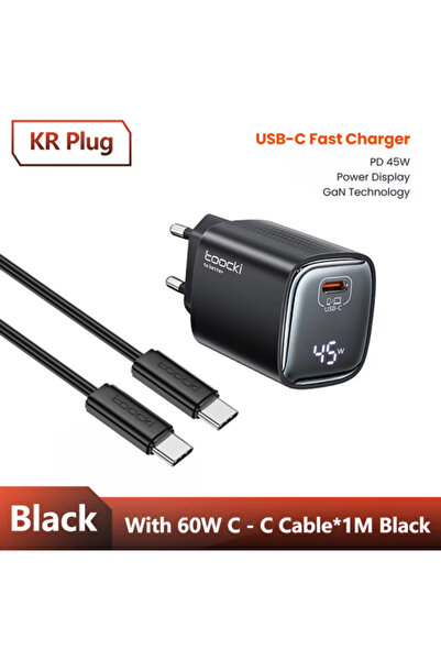 Toocki شاحن USB أسود من KR مع كابل PD 45W GaN للهواتف، شحن فائق السرعة 2.0 QC...