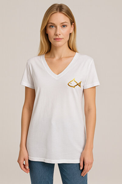 TWINTICKS White Gold Fish Printed V-Neck Women's T-Shirt – White Cotton Relaxed Fit