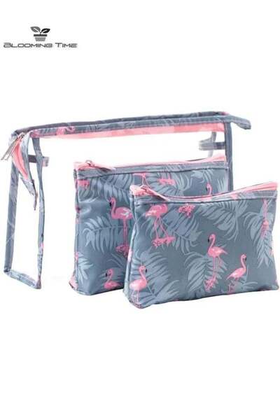 BLOOMING TIME 3-Piece Flamingo Pattern Waterproof Cosmetic Bag Set (Gray Pink)