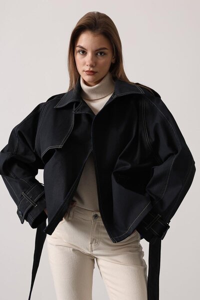 VAGGON Lined Washed Denim Jacket with Belt Ties